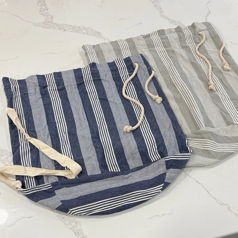 Set of 2 Striped Cotton Canvas Large Laundry Bags - Navy Blue, Grey, White